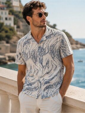 Steel & Jelly Abstract Wave Print Short Sleeve Button Down Shirt Size Small